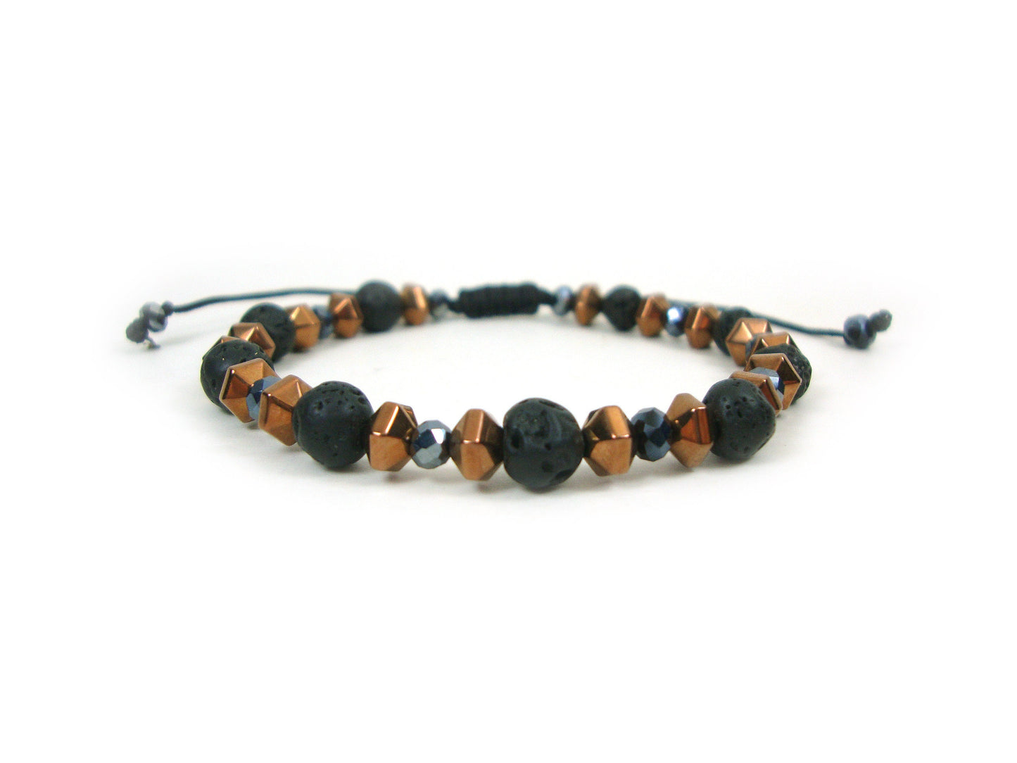 Volcanic Lava - Crystal - Hematite Stones Gemstone Adjustable Bracelet, Men Women Unisex Bracelet, Black Round Lava Boho Macrame Bracelet