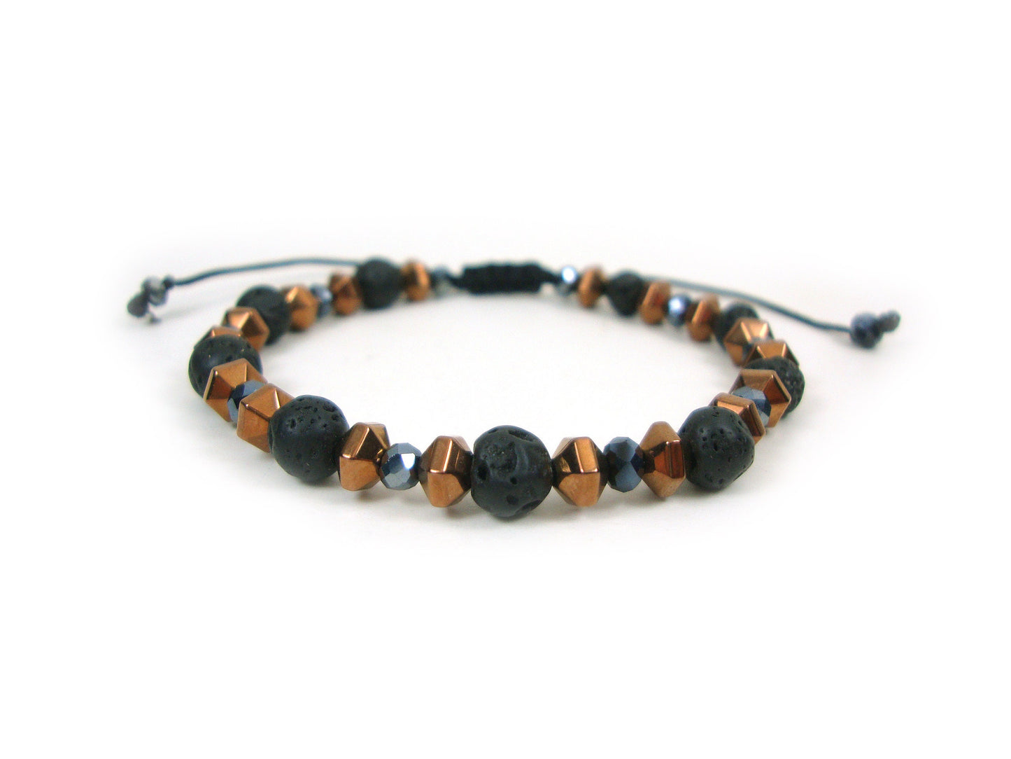 Volcanic Lava - Crystal - Hematite Stones Gemstone Adjustable Bracelet, Men Women Unisex Bracelet, Black Round Lava Boho Macrame Bracelet