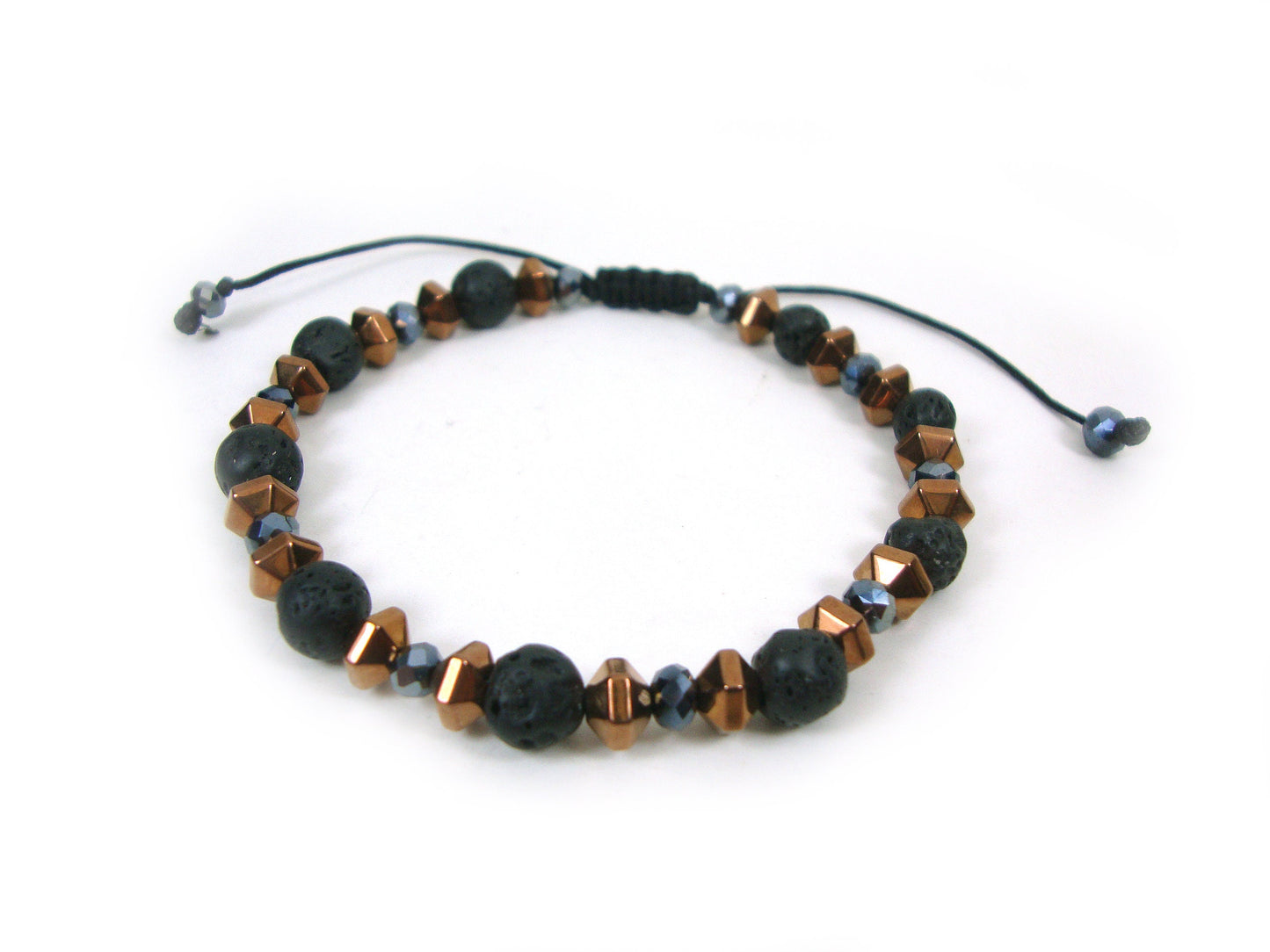 Volcanic Lava - Crystal - Hematite Stones Gemstone Adjustable Bracelet, Men Women Unisex Bracelet, Black Round Lava Boho Macrame Bracelet