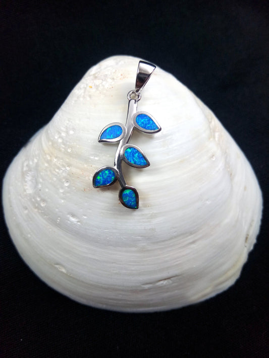 Sterling Silver 925 Greek Olive Leaf Fire Blue Opal Pendant 13x25mm, Greek Opal Leaves Pendant, Greek Jewelry, Griechischer Opal Schmuck