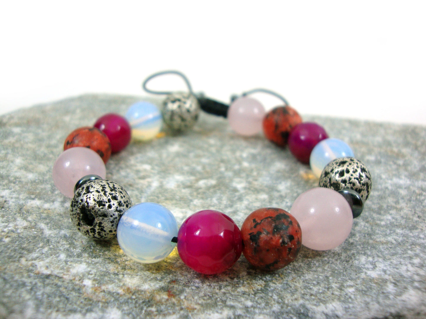 Natural Lava-Ruby Agate-Moonstone-Pink Quartz-Red Jasper 10mm Gemstone Bracelet, Men Women Unisex Bracelet, Gemstone Adjustable Bracelet