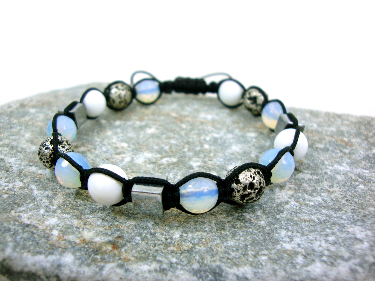 Natural Silver Color Volcanic Lava - Moonstone - Hematite-White Onyx 8mm Gemstone Bracelet, Men Women Unisex Bracelet, Shamballa Bracelet