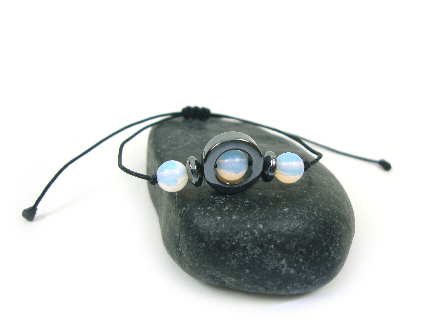 Natural Moonstone & Hematite Stones Cord Adjustable Trendy Bracelet, Moonstone Stones Men Mens Women Unisex Macrame Cord Spiritual Bracelet