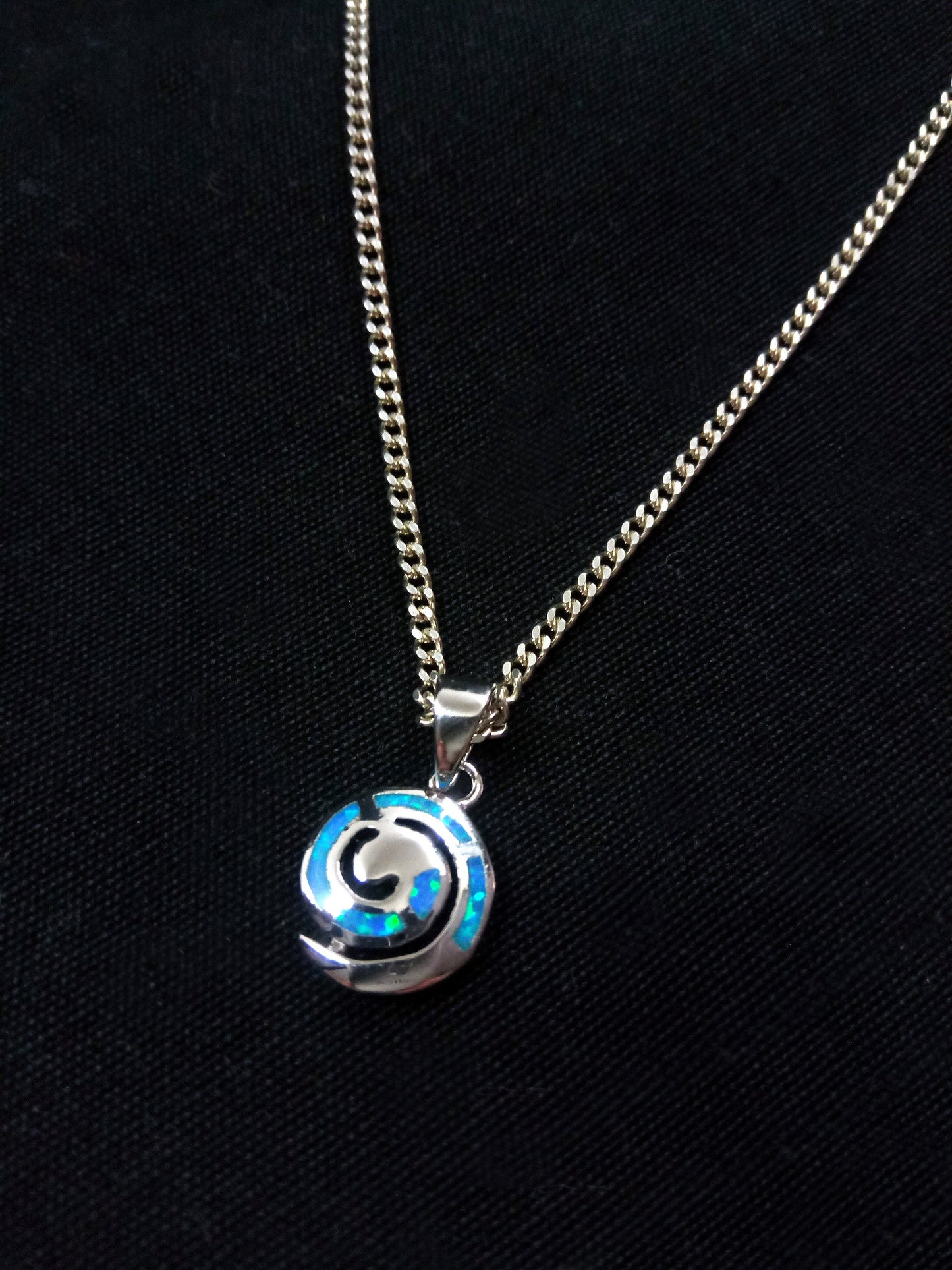 Sterling Silver 925 Fire Rainbow Blue Opal Greek Spiral Small Pendant 11mm, Ancient Greek Spiral Swirl Vortex Opal Pendant, Opal Jewelry