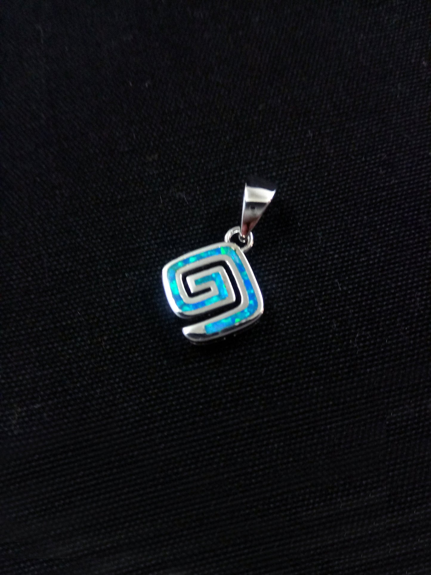 Sterling Silver 925 Fire Rainbow Blue Opal Greek Meander Small Pendant 10x10mm, Ancient Greek Square Infinity Opal Pendant, Opal Jewelry
