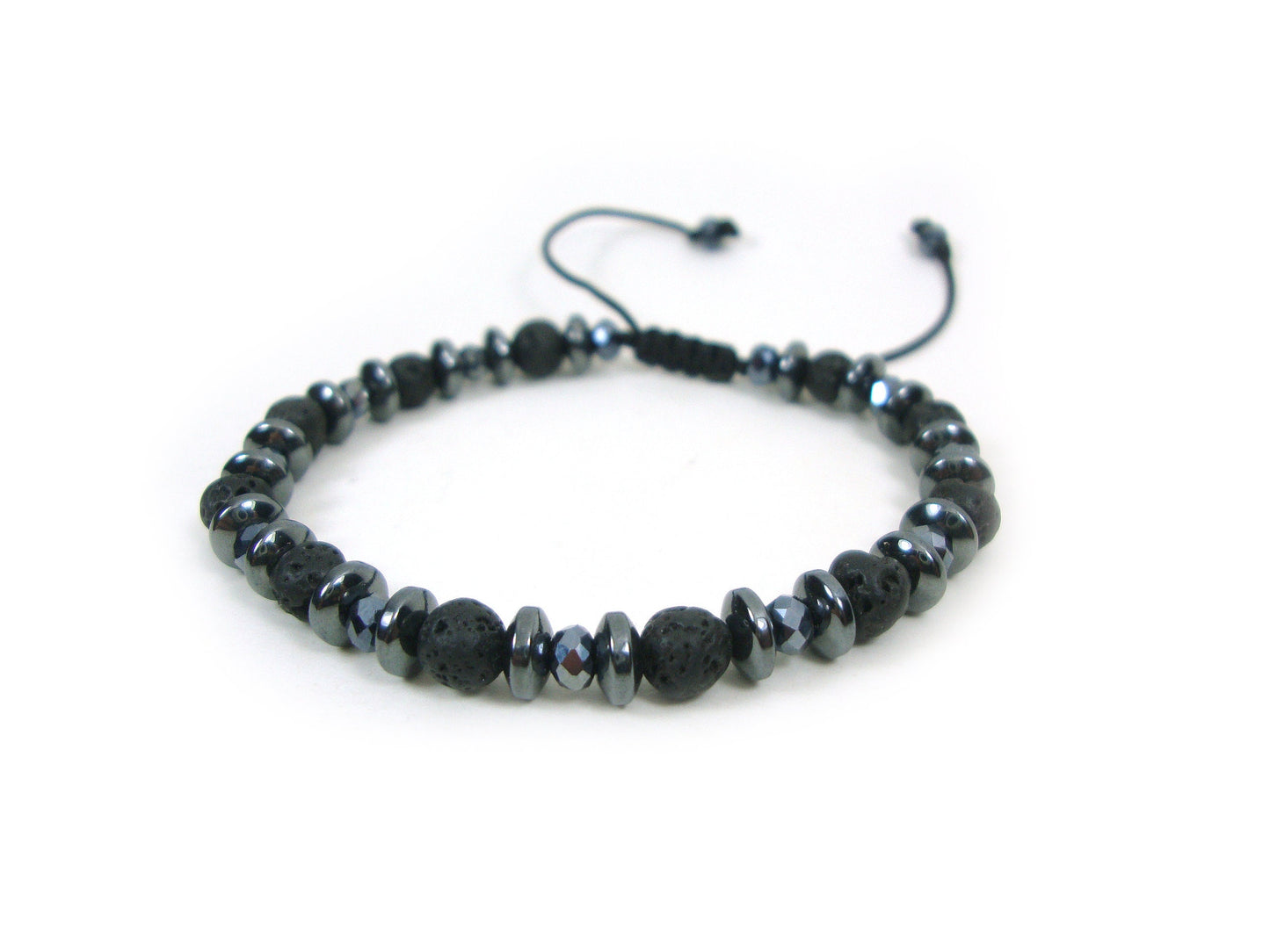 Volcanic Lava 6mm & Black Crystal 4mm Stones Gemstone Adjustable Bracelet, Men Women Unisex Bracelet, Black Round Lava Boho Macrame Bracelet