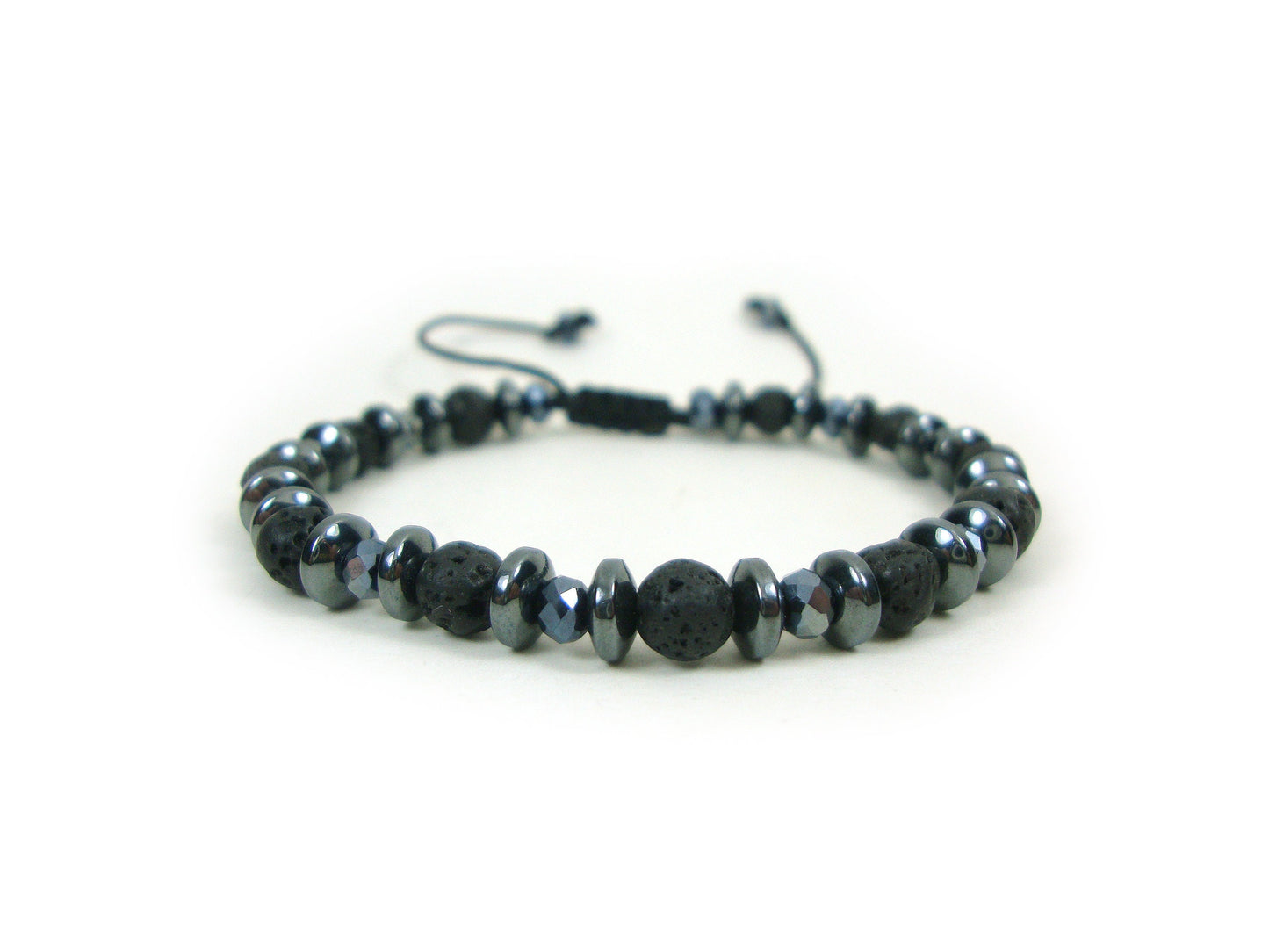 Volcanic Lava 6mm & Black Crystal 4mm Stones Gemstone Adjustable Bracelet, Men Women Unisex Bracelet, Black Round Lava Boho Macrame Bracelet