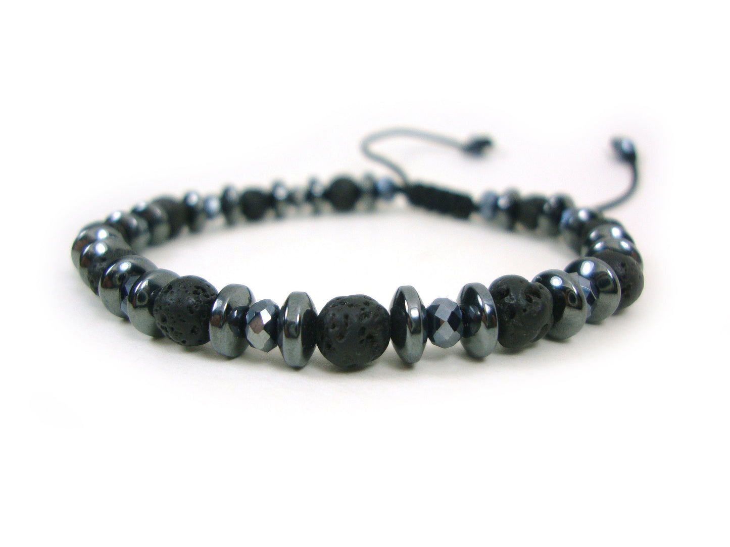 Volcanic Lava 6mm & Black Crystal 4mm Stones Gemstone Adjustable Bracelet, Men Women Unisex Bracelet, Black Round Lava Boho Macrame Bracelet