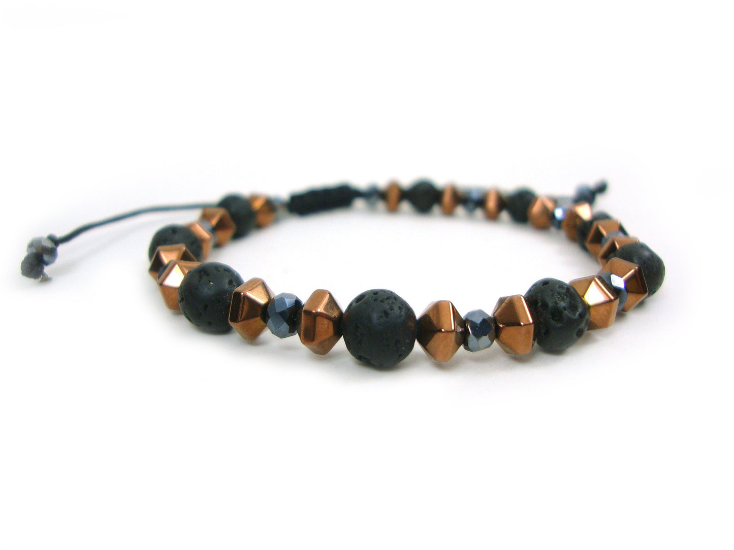 Volcanic Lava - Crystal - Hematite Stones Gemstone Adjustable Bracelet, Men Women Unisex Bracelet, Black Round Lava Boho Macrame Bracelet