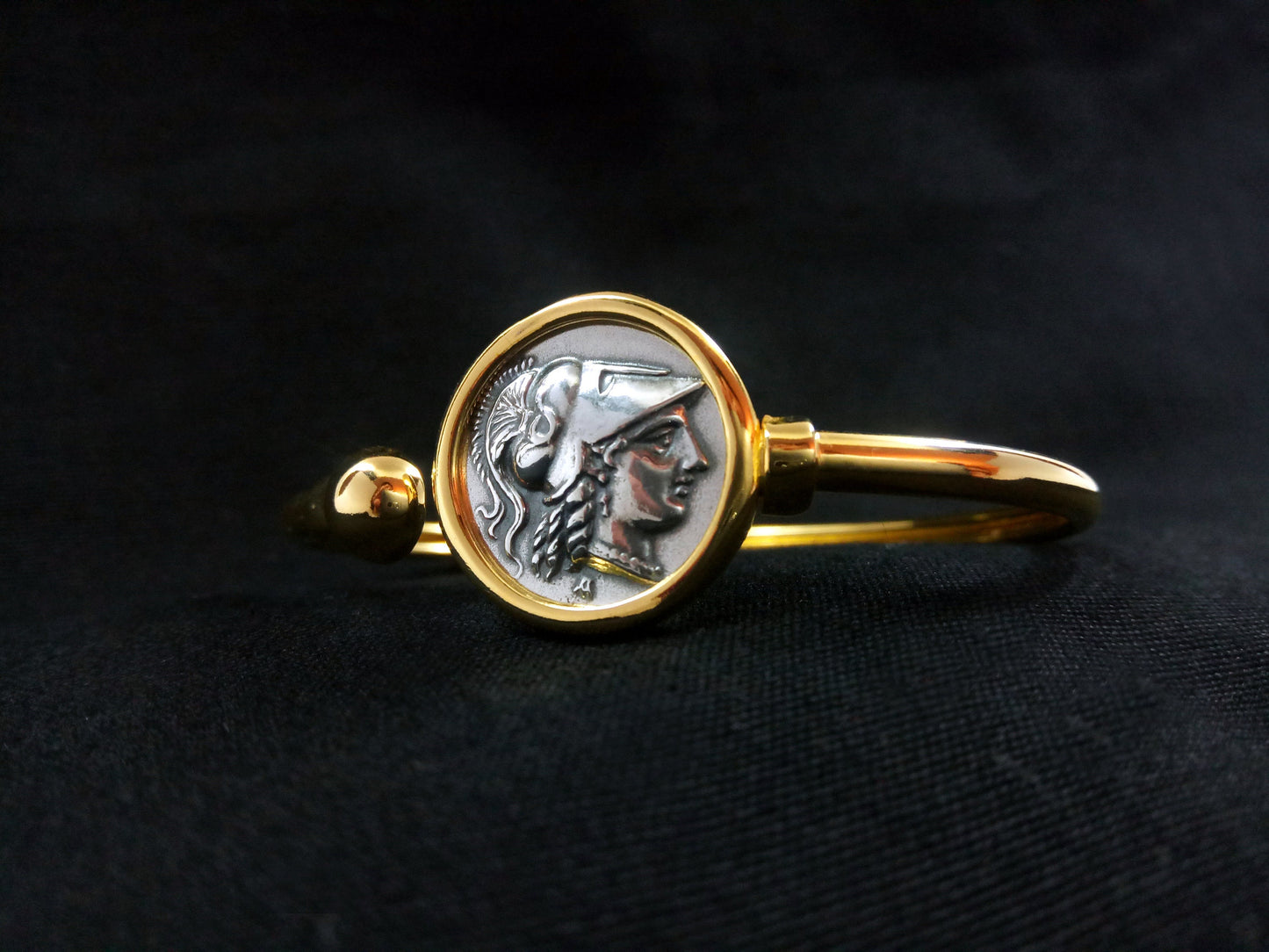Sterling Silver 925 Goddess Athena Gold Plated Bangle Greek Coin 21mm Cuff Bracelet, Greek Silver Bracelet, Griechischer Gold Silber Armband