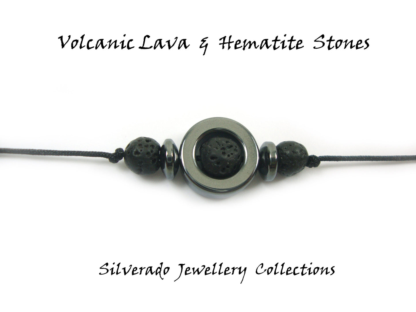 Natural Volcanic Lava & Hematite Stones Cord Adjustable Trendy Bracelet, Lava Stones Men Mens Women Unisex Macrame Cord Bracelet