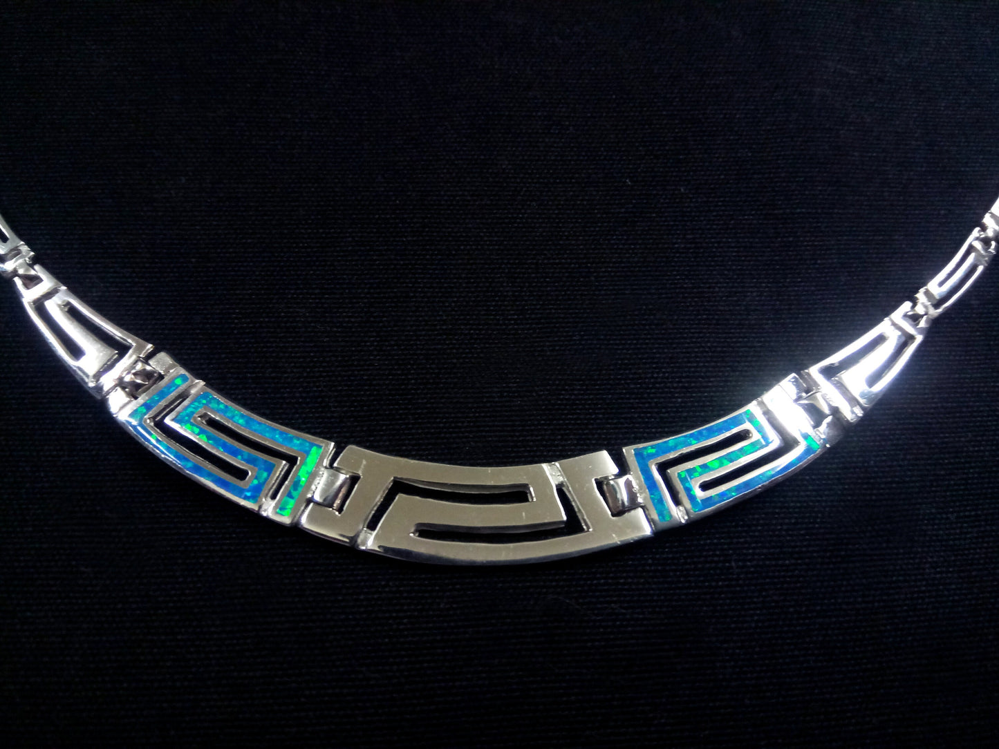 Sterling Silver 925 Fire Rainbow Blue Opal Ancient Greek Key Meander Gradual Opal Necklace 44cm-17.16",Griechischer Opal Silber Kette