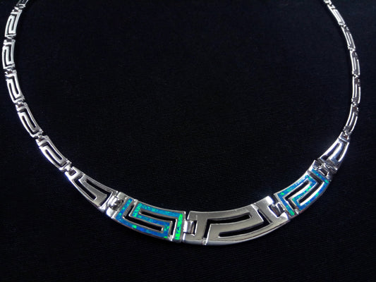 Sterling Silver 925 Fire Rainbow Blue Opal Ancient Greek Key Meander Gradual Opal Necklace 44cm-17.16",Griechischer Opal Silber Kette