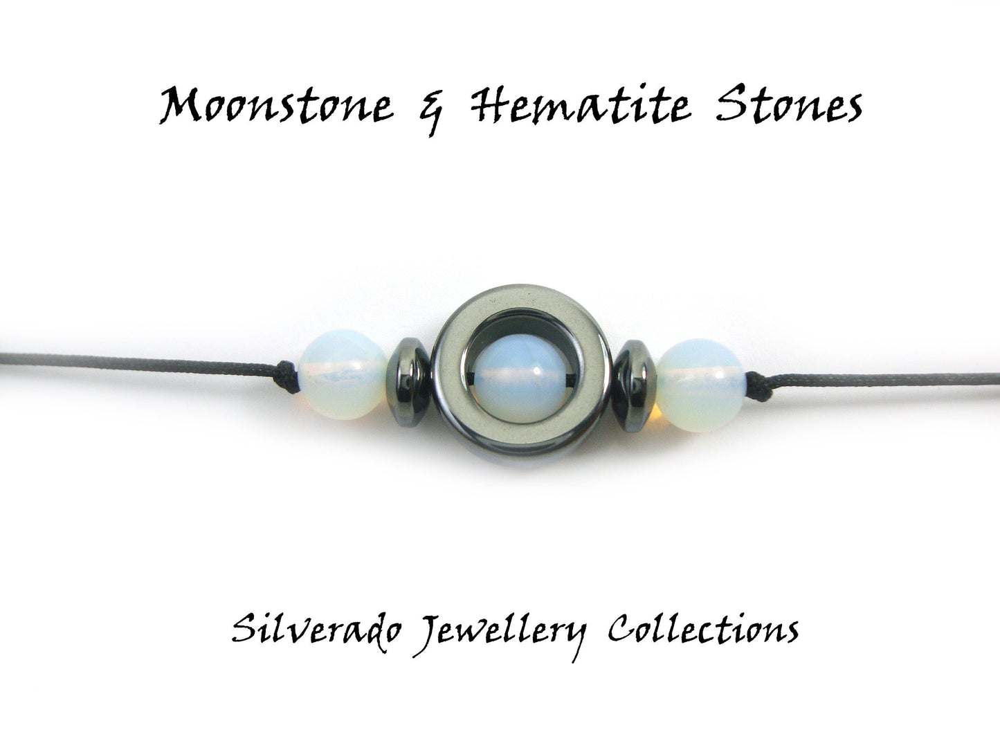 Natural Moonstone & Hematite Stones Cord Adjustable Trendy Bracelet, Moonstone Stones Men Mens Women Unisex Macrame Cord Spiritual Bracelet