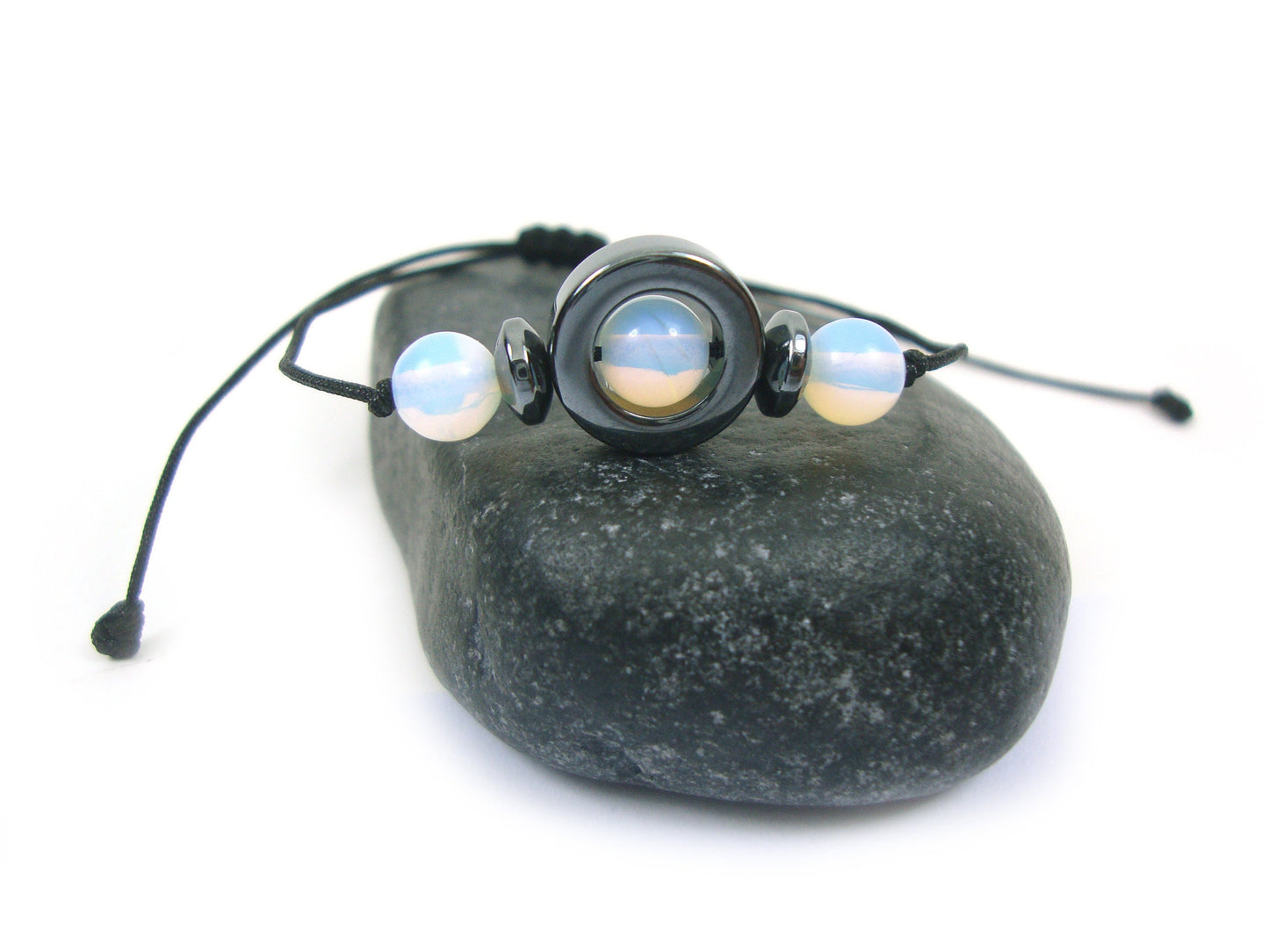 Natural Moonstone & Hematite Stones Cord Adjustable Trendy Bracelet, Moonstone Stones Men Mens Women Unisex Macrame Cord Spiritual Bracelet