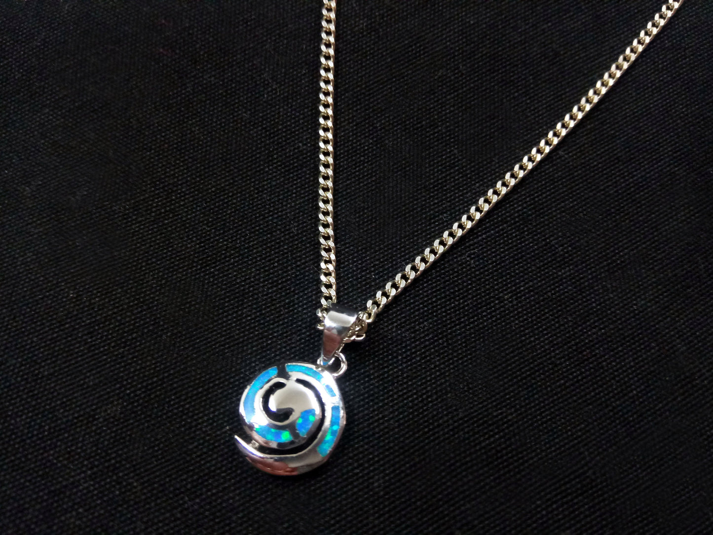 Sterling Silver 925 Fire Rainbow Blue Opal Greek Spiral Small Pendant 11mm, Ancient Greek Spiral Swirl Vortex Opal Pendant, Opal Jewelry