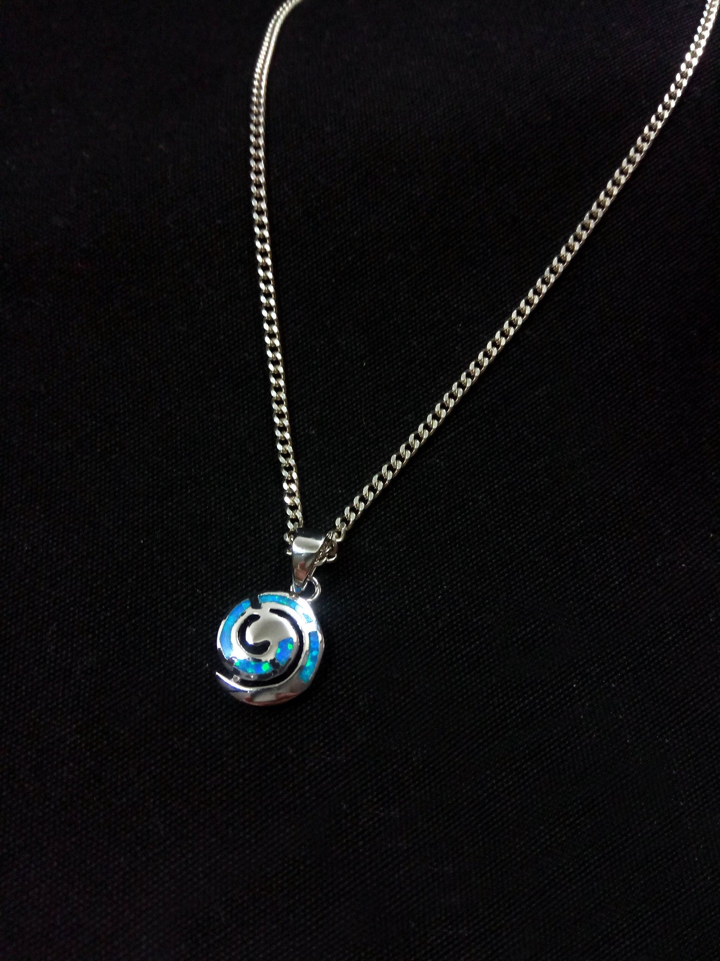 Sterling Silver 925 Fire Rainbow Blue Opal Greek Spiral Small Pendant 11mm, Ancient Greek Spiral Swirl Vortex Opal Pendant, Opal Jewelry