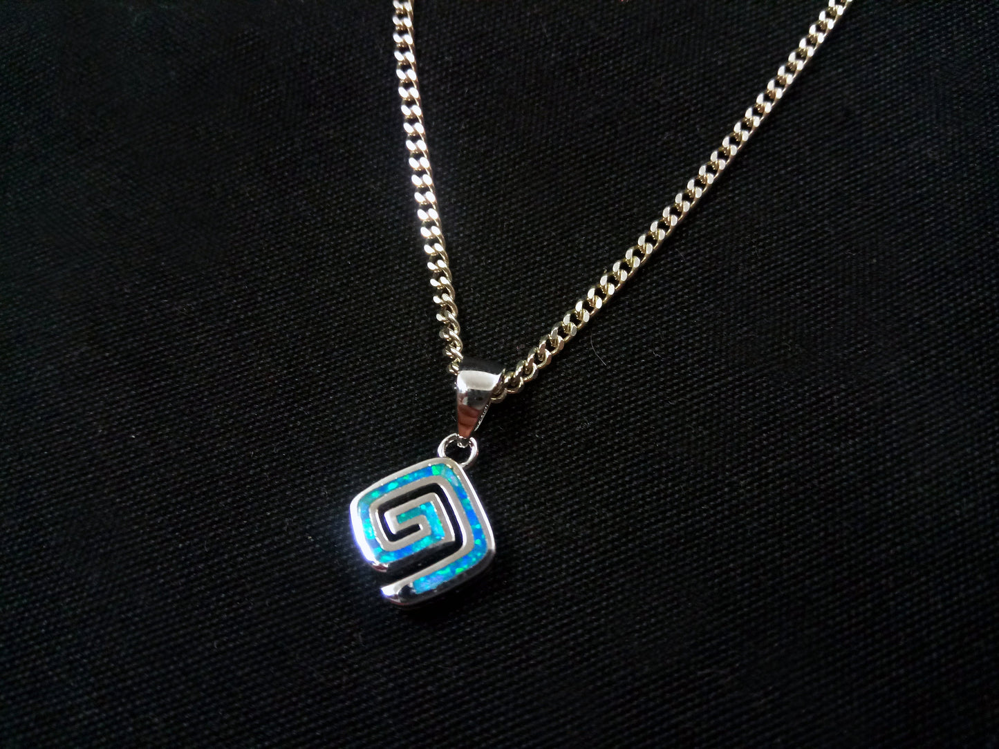 Sterling Silver 925 Fire Rainbow Blue Opal Greek Meander Small Pendant 10x10mm, Ancient Greek Square Infinity Opal Pendant, Opal Jewelry