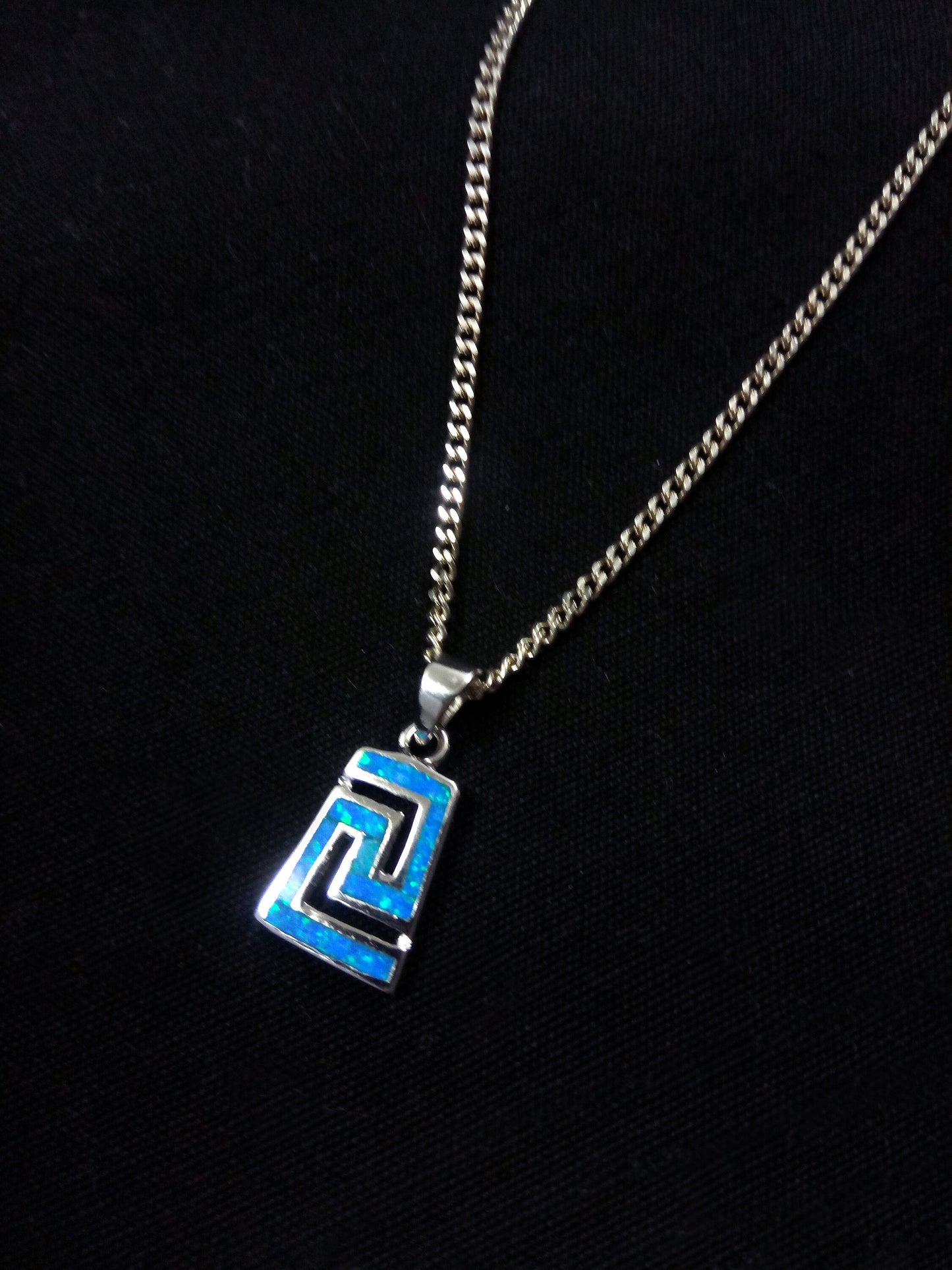 Sterling Silver 925 Fire Rainbow Blue Opal Greek Meander Trapezoid Pendant 11x15mm, Ancient Greek Gradual Infinity Opal Pendant, Opal Stones