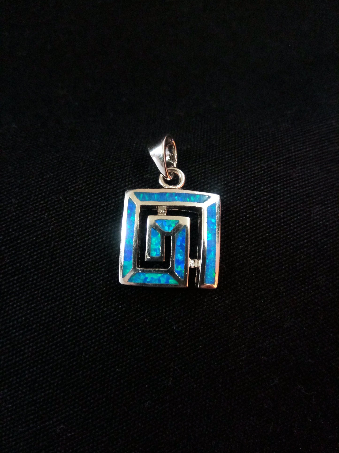 Sterling Silver 925 Fire Rainbow Blue Opal Greek Meander Square Shape Pendant 15x15mm, Ancient Greek Infinity Opal Pendant, Opal Stones