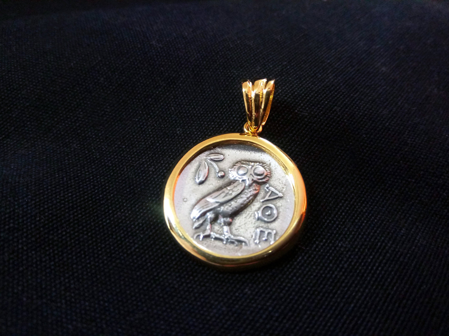 Sterling Silver 925 Greek Owl Gold Plated 21 mm Greek Pendant, Greek Jewelry Owl Pendant, Griechische Vergoldete Eule Anhanger Schmuck