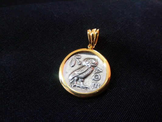 Sterling Silver 925 Greek Owl Gold Plated 21 mm Greek Pendant, Greek Jewelry Owl Pendant, Griechische Vergoldete Eule Anhanger Schmuck
