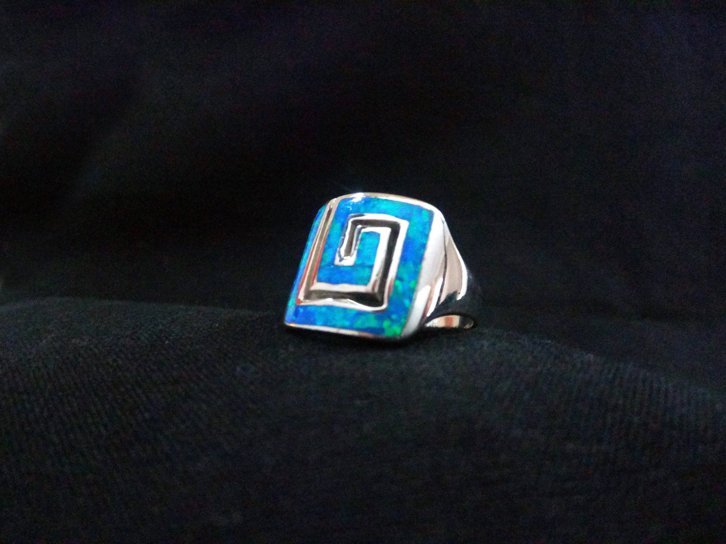 Sterling Silver 925 Meander Opal Curved Ring, Greek Key Blue Opal Ring , Greek Opal Jewelry, Griechisches Opal Silber Ring, FR57 US7 3/4