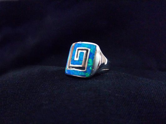 Sterling Silver 925 Meander Opal Curved Ring, Greek Key Blue Opal Ring , Greek Opal Jewelry, Griechisches Opal Silber Ring, FR57 US7 3/4