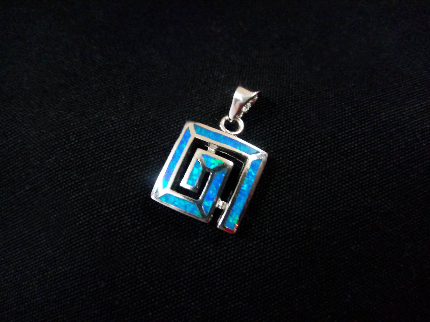 Sterling Silver 925 Fire Rainbow Blue Opal Greek Meander Square Shape Pendant 15x15mm, Ancient Greek Infinity Opal Pendant, Opal Stones