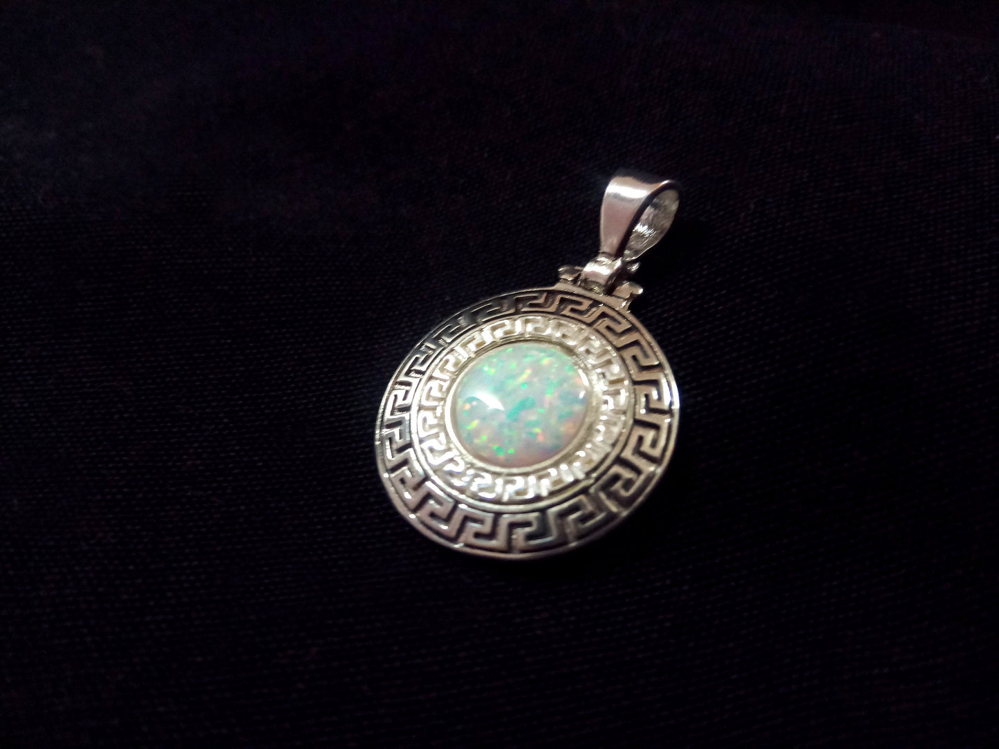 Sterling Silver 925 Fire Rainbow White Opal Greek Key Meander Round Shape Pendant 21mm, Ancient Greek Infinity Opal Pendant, Opal Stones