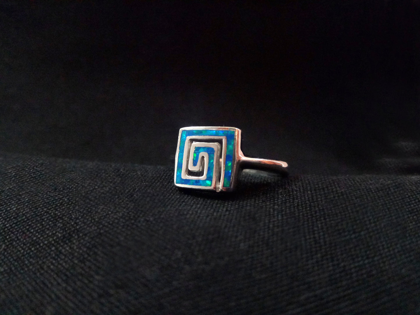 Sterling Silver 925 Meander Opal Square Ring, Greek Key Blue Opal Ring US8 , Greek Opal Jewelry, Griechisches Opal Silber Ring,Bague Grecque