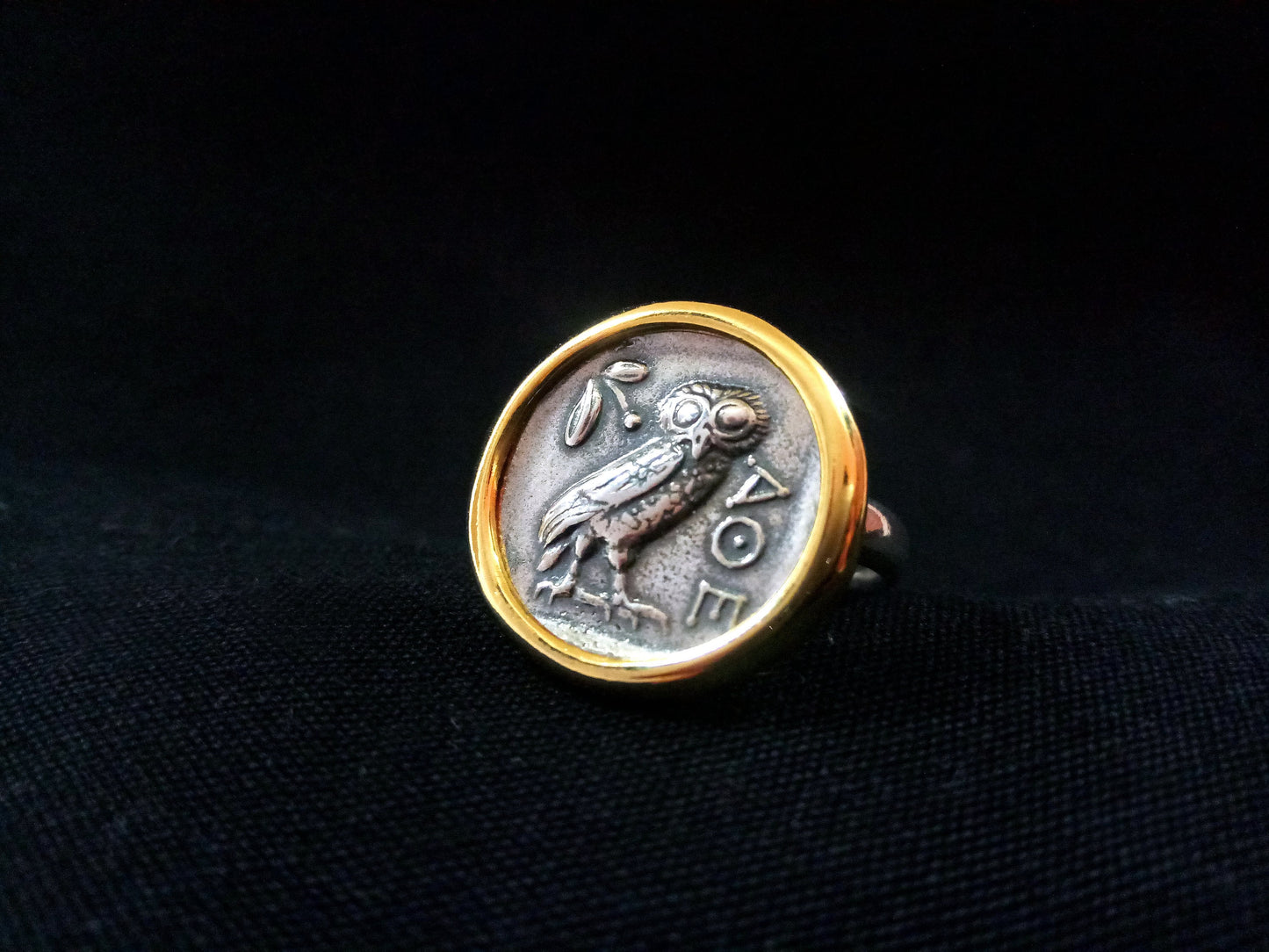 Sterling Silver 925 Ancient Greek Owl Gold Plated Coin Ring 21mm, Greek Owl Silver Ring, Griechischer Silber Gold Ring, Bijoux Grecque Grece