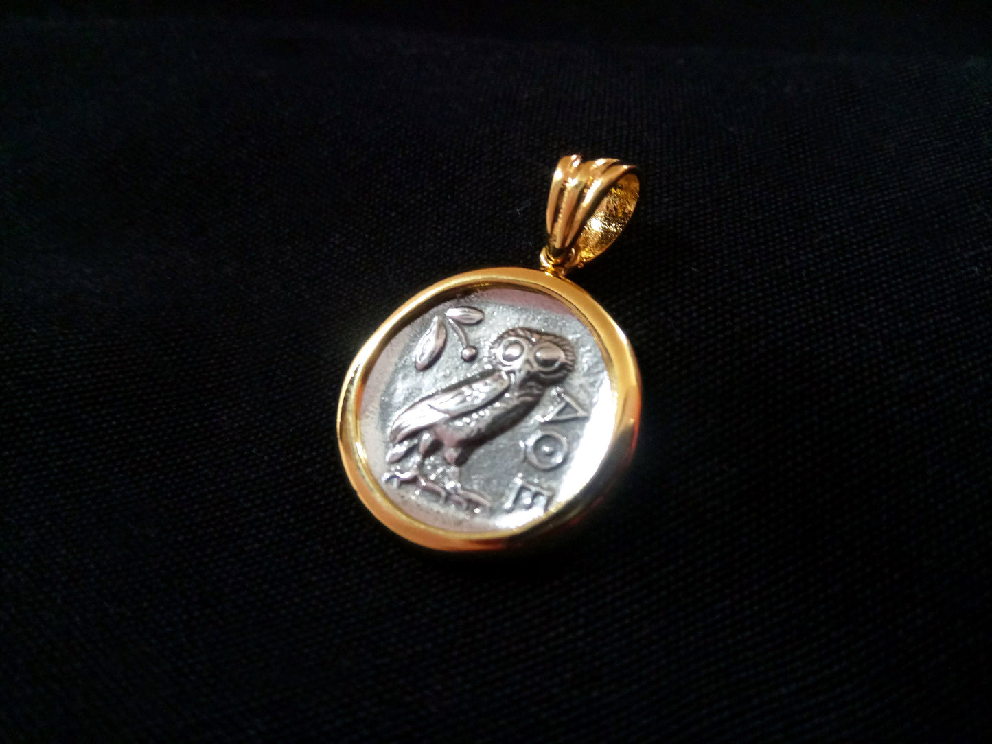 Sterling Silver 925 Greek Owl Gold Plated 21 mm Greek Pendant, Greek Jewelry Owl Pendant, Griechische Vergoldete Eule Anhanger Schmuck