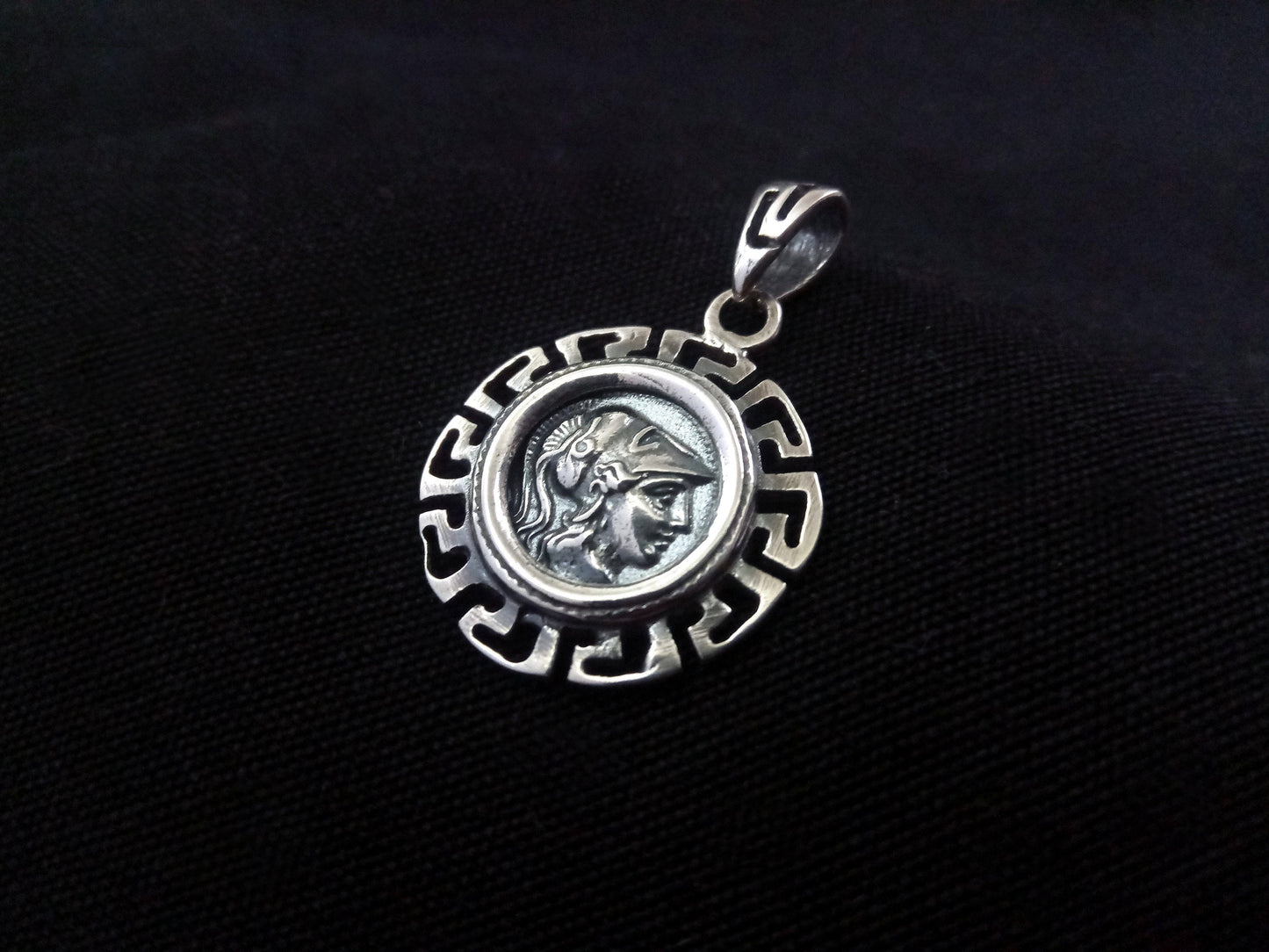 Goddess Athena & Greek Key Silver Pendant 21mm