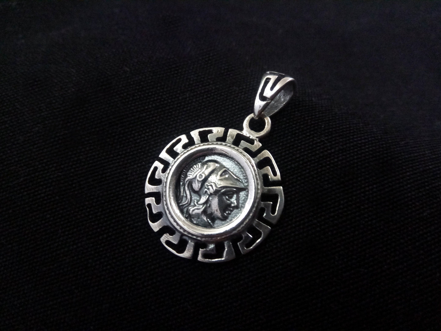 Goddess Athena & Greek Key Silver Pendant 21mm