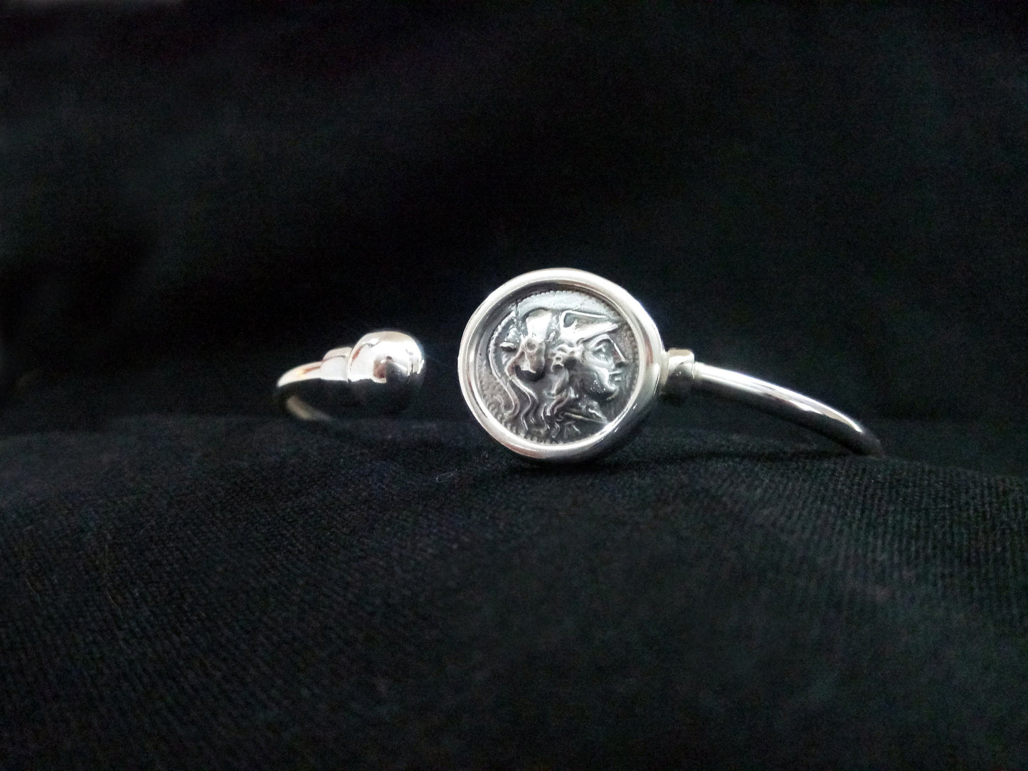 Sterling Silver 925 Goddess Athena Bangle Greek Ancient Greek Coin Bracelet, Greek Silver Bracelet, Alexander The Great Bracelet