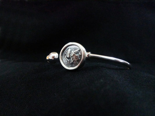 Sterling Silver 925 Goddess Athena Bangle Greek Ancient Greek Coin Bracelet, Greek Silver Bracelet, Alexander The Great Bracelet