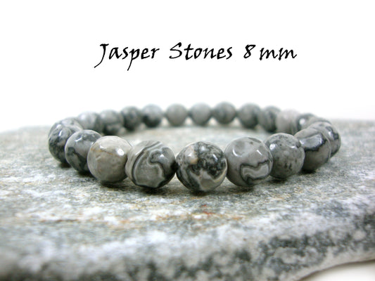 Natural Jasper Gray 8 mm Stones Bracelet, Jasper Bracelet, Gemstone Bracelet, Natural Stone Men Women Bracelet, Natur Stein Armband