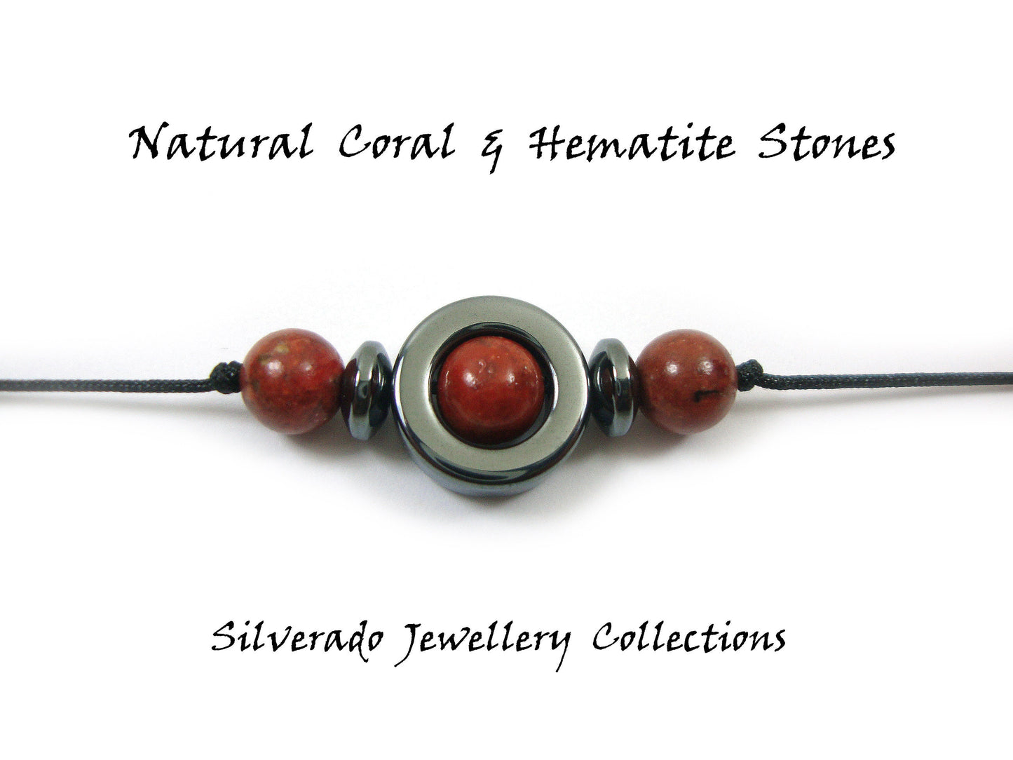 Natural Red Coral & Hematite Stones Cord Adjustable Trendy Bracelet, Coral Stones Men Mens Women Unisex Macrame Cord Bracelet