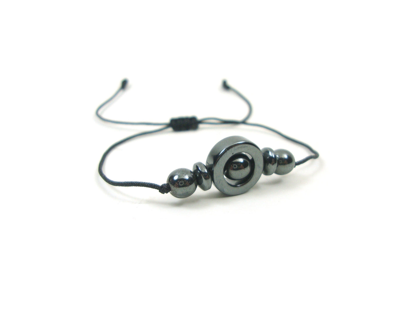 Natural Gray Silver Hematite Stones Cord Adjustable Trendy Bracelet, Hematite Stones Men Mens Women Unisex Macrame Cord Bracelet