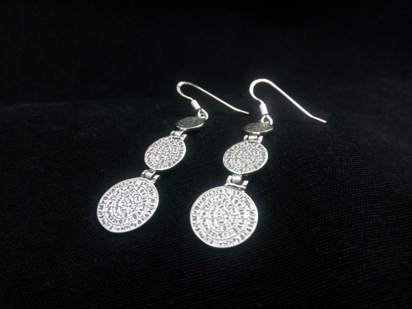 Sterling Silver 925 Phaistos Disc Greek Minoan Gradual Dangle Earrings, Griechischer Silber Ohrringe, Bijoux Grecque, Phaistos Earrings