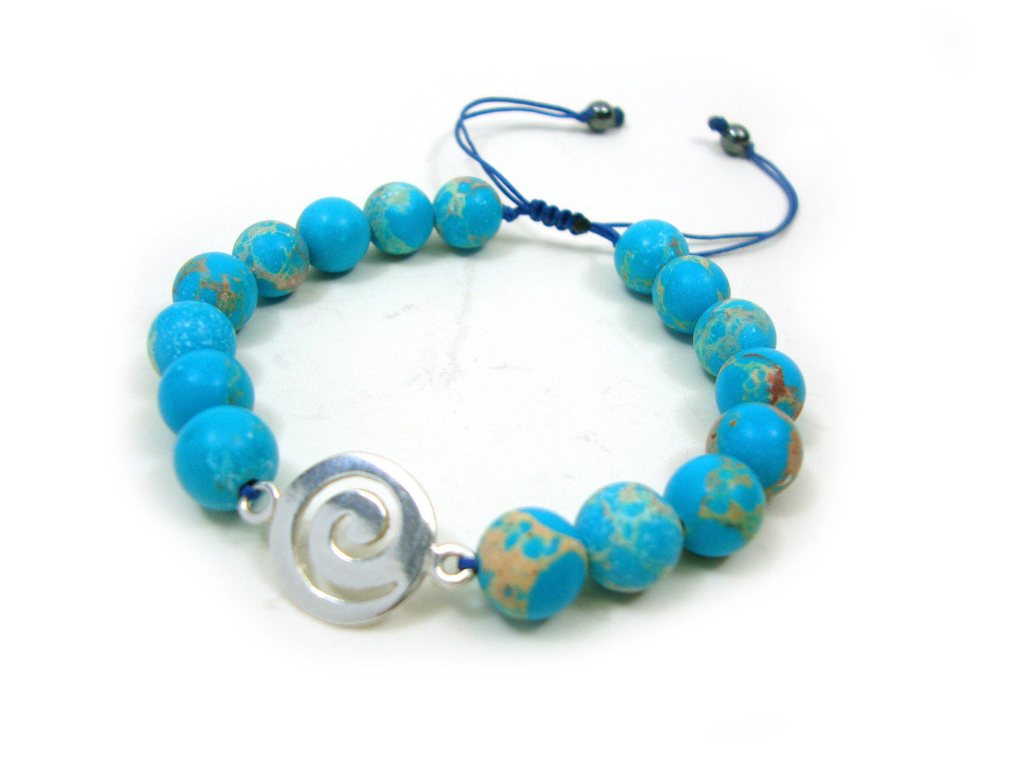 Sterling Silver 925 Ancient Greek Spiral Infinity Key & Earth Blue Natural Agate Stones 8mm Macrame Bracelet, Agate Stein Armband
