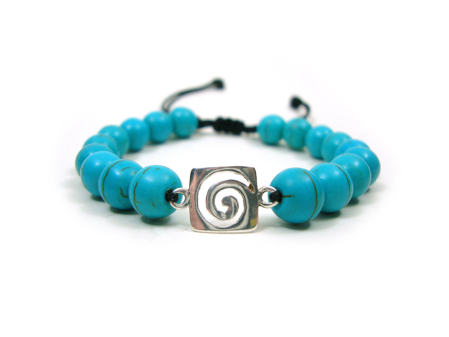 Sterling Silver 925 Ancient Greek Spiral Infinity Key Design & Natural Blue Howlite Stones 8mm Macrame Bracelet, Natur Blau Stein Armband