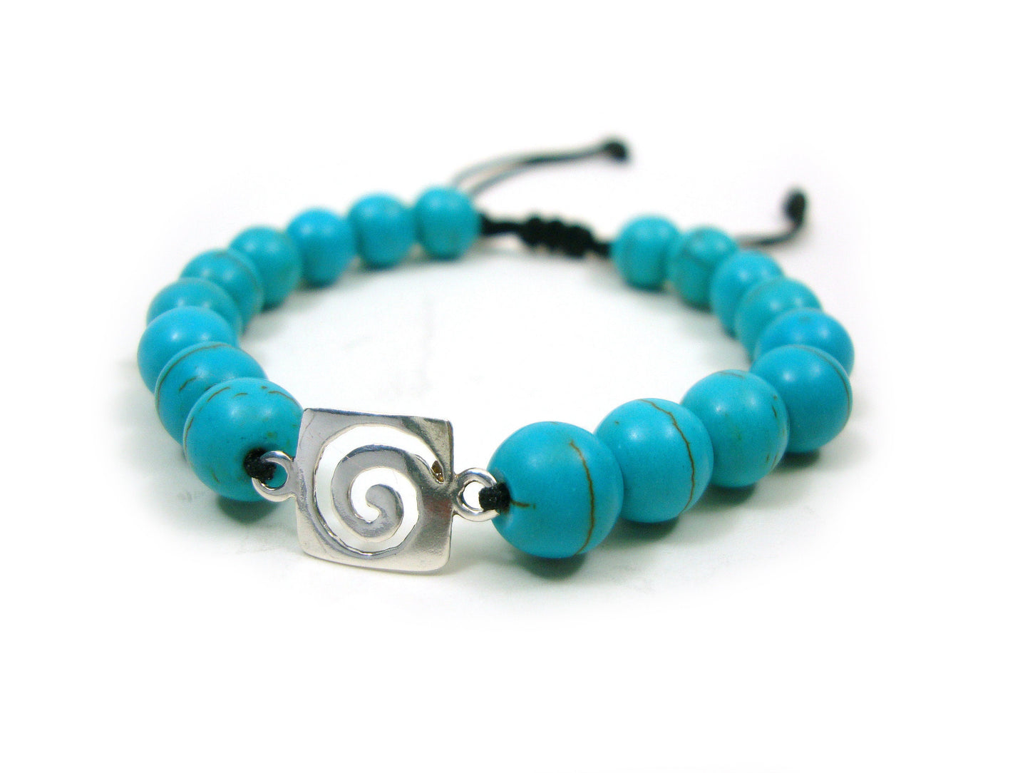 Sterling Silver 925 Ancient Greek Spiral Infinity Key Design & Natural Blue Howlite Stones 8mm Macrame Bracelet, Natur Blau Stein Armband