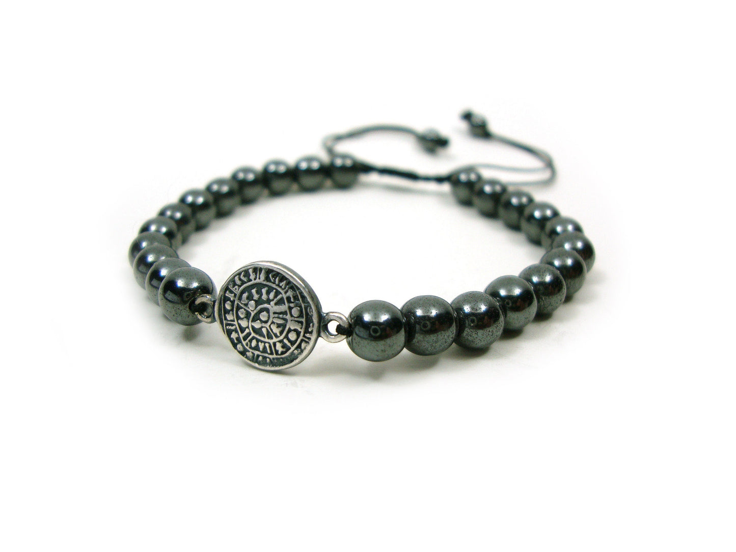 Sterling Silver 925 Ancient Greek Spiral Infinity Key Design & Natural Gray Hematite Stones 6mm Macrame Bracelet, Natur Stein Armband