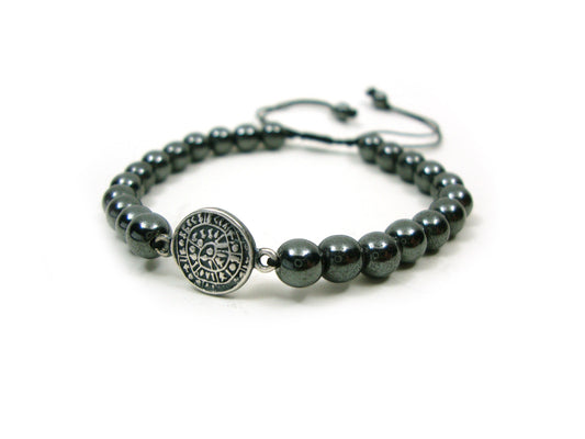 Sterling Silver 925 Ancient Greek Spiral Infinity Key Design & Natural Gray Hematite Stones 6mm Macrame Bracelet, Natur Stein Armband