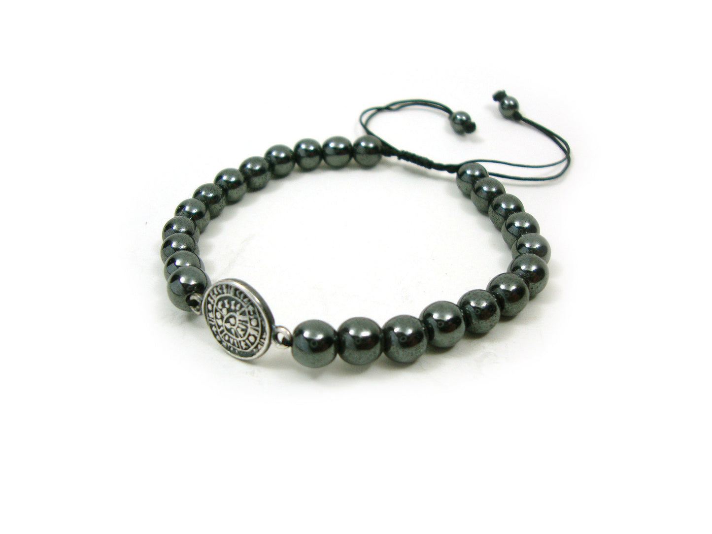 Sterling Silver 925 Ancient Greek Spiral Infinity Key Design & Natural Gray Hematite Stones 6mm Macrame Bracelet, Natur Stein Armband