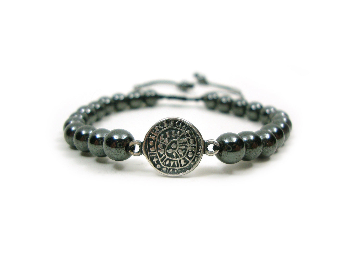 Sterling Silver 925 Ancient Greek Spiral Infinity Key Design & Natural Gray Hematite Stones 6mm Macrame Bracelet, Natur Stein Armband