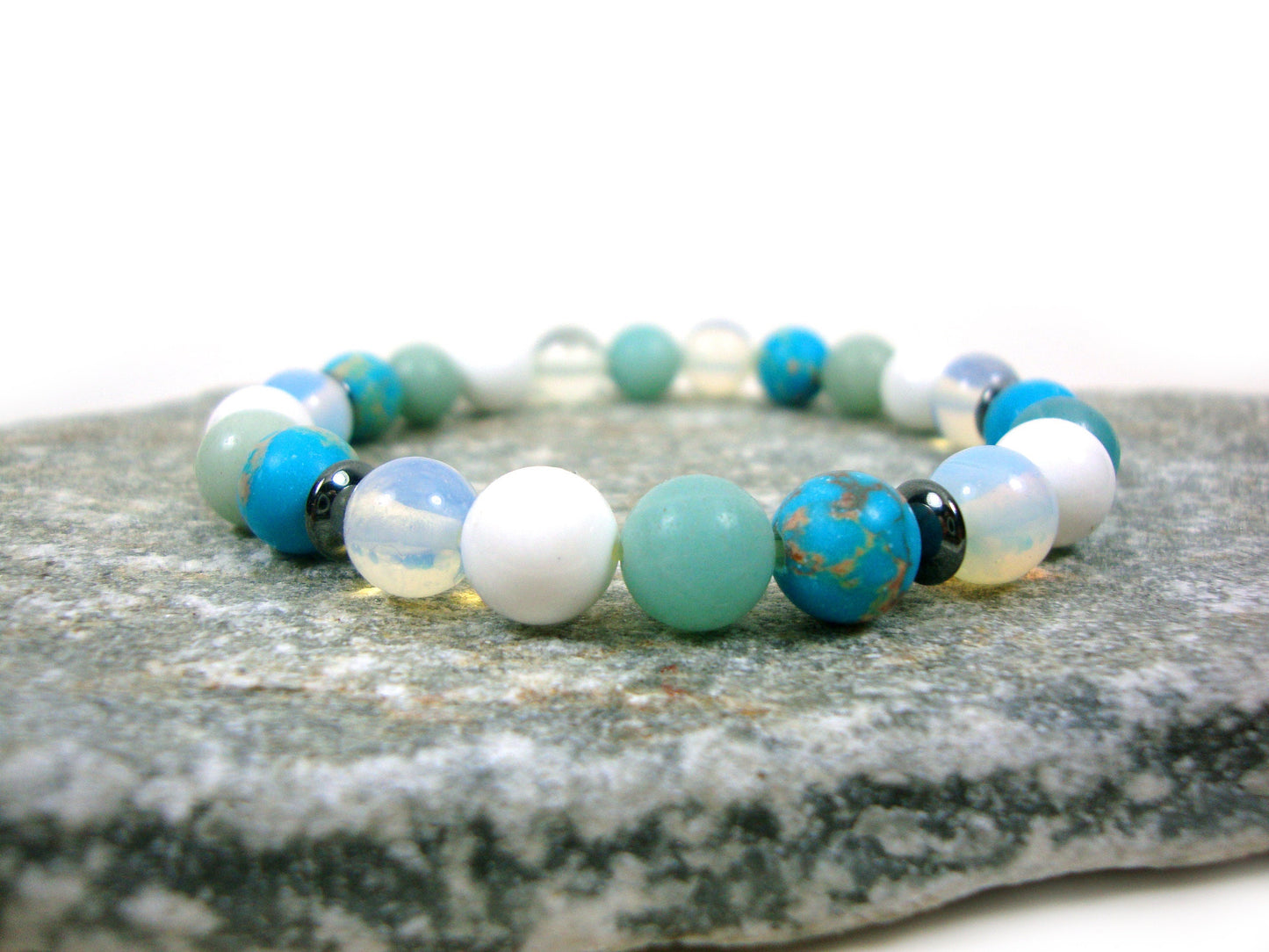 Natural Blue Agate-Amazonite-White Onyx-Moonstone Stones 6mm Stretch Bracelet, Gemstone Bracelet, Summer Bracelet, Natur Echt Stein Armband