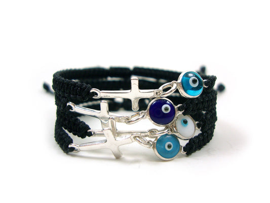 Evil Eye Bracelets, Good Luck 7mm & Cross Handmade Adjustable Macrame Bracelet , Griechische Silber Armband, Bijoux Grecque
